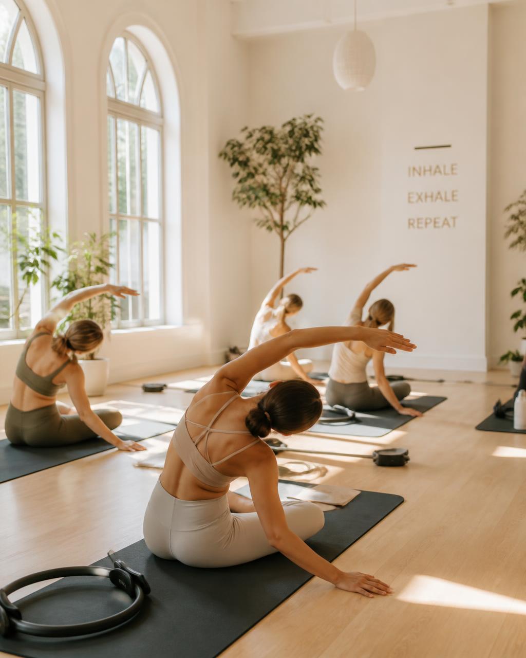 Grupa ćwicząca Pilates i jogę na matach w jasnym studio BOSCO